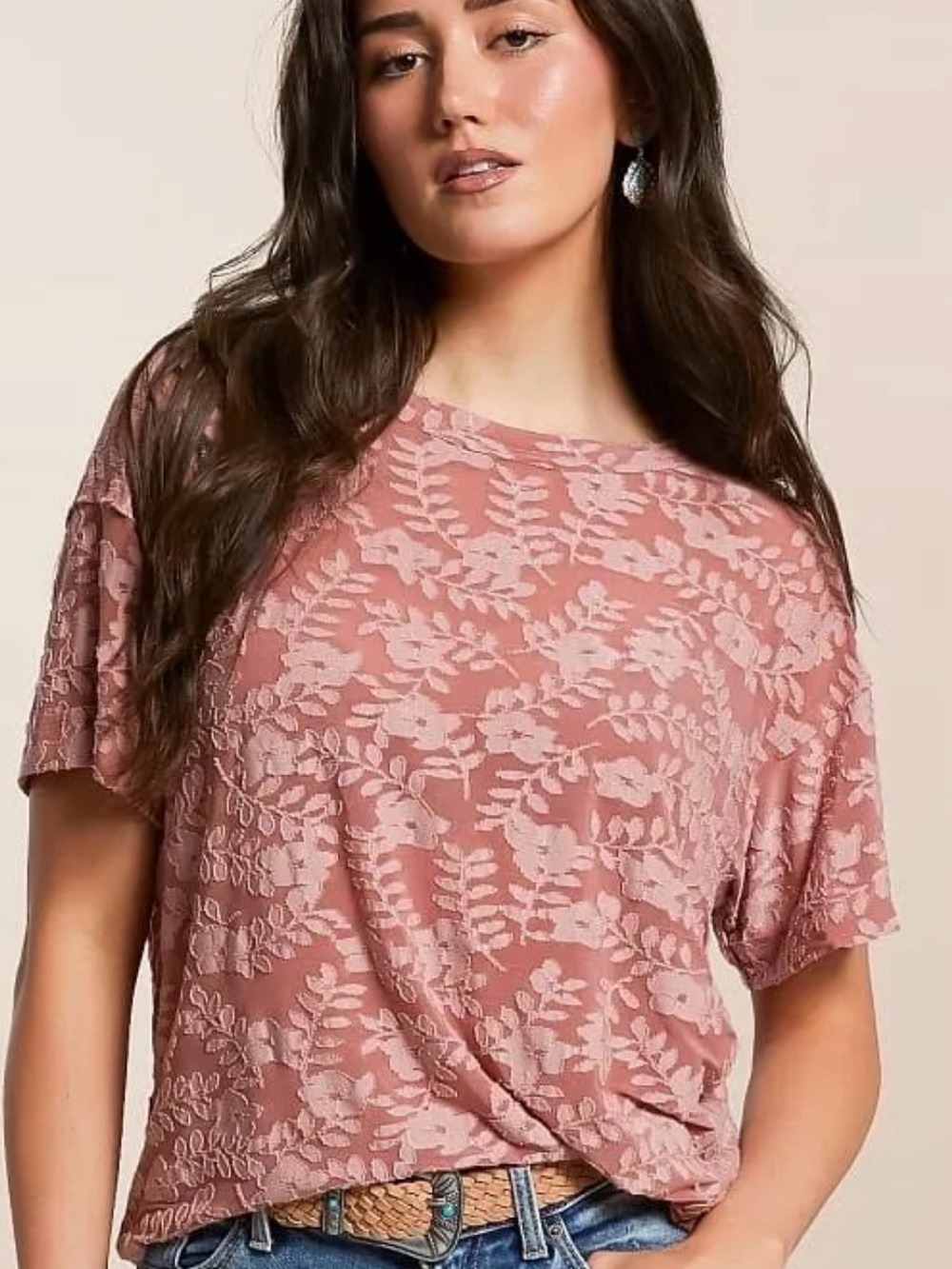 Daytrip Rose Dust Leaf Jacquard Short Sleeve Top Burn out Size L - Picture 1 of 5